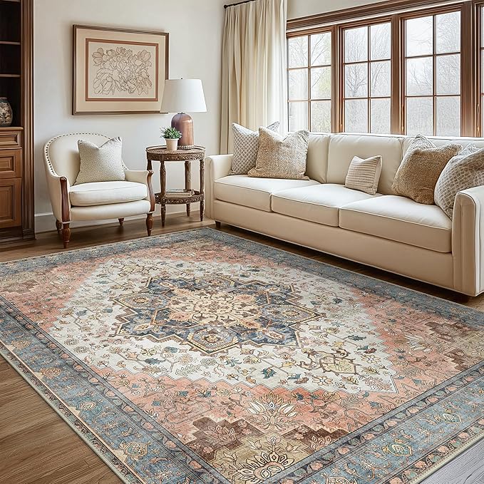 GENIMO 8x10 Area Rugs for Living Room, Machine Washable Non Slip Vintage Retro Rugs, Low Pile Lightweight Chenille Print Rug for Bedroom, Dining Room, Home Office, Blue Brick Red
