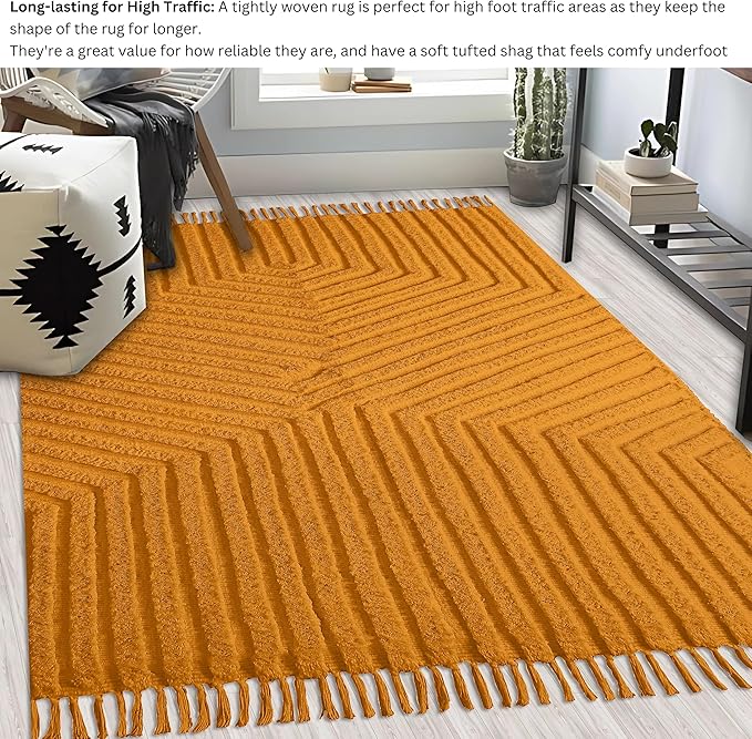 Boho Rugs for Living Room 4x6, Farmhouse Cotton Area Rug for Bedroom, Washable Tufted Indoor Floor Carpet for Kitchen Dorm Office Dining Room Office Home Decor, Mustard