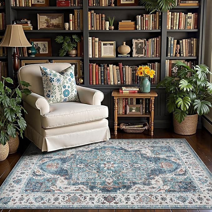 jinchan Area Rug 4x6 Washable Vintage Rug Floor Cover Traditional Thin Blue Multi Distressed Floral Print Indoor Mat for Bedroom Living Room Kitchen Dining Room