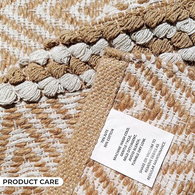 Jute Cotton Stripe Area Rug for Living Room 24x36 Inch - Natural Ivory - Machine Washable 2x3 Feet Rugs - 70% Jute and 30% Cotton