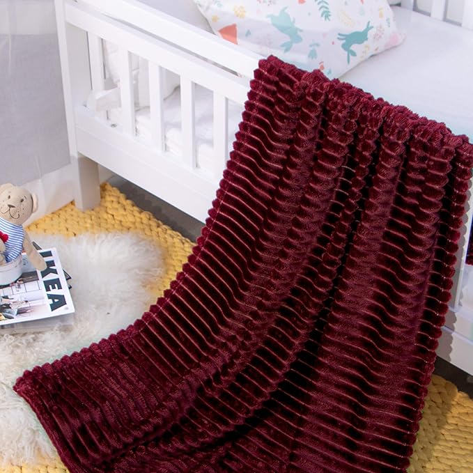 NTBAY Flannel Fuzzy Toddler Blanket, Fluffy Warm and Lightweight Reversible Stripes Design Baby Plush Blanket, 30x40 Inches, Wine Red