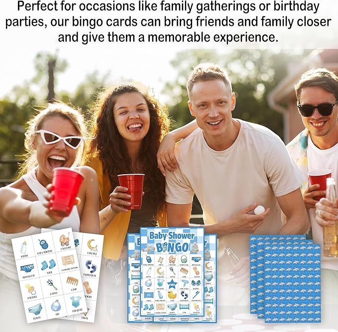 Baby Shower Bingo Game For Adults, Baby Shower Party Bingo Game Set, Blue Baby Shower Bingo Cards, Gender Reveal Bingo Favors For Family Friends, Baby Shower Large Group Game Decor & Supplies -16