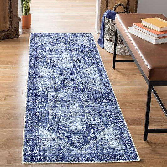 Bloom Rugs Washable Non-Slip 7 ft Runner - Blue/Ivory Traditional Runner for Entryway, Hallway, Bathroom, and Kitchen - Exact Size: 2.5' x 7'
