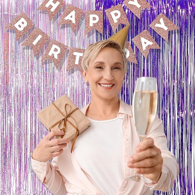 BRAVESHINE 1 Purple 1 Pink Streamers Party Photo Backdrop - 3.2 ft x 8.2 ft Metallic Tinsel Foil Fringe Curtains for Valentine’s Day/Women Birthdays/Engagement/Bridal Shower/Bachelorette Decorations