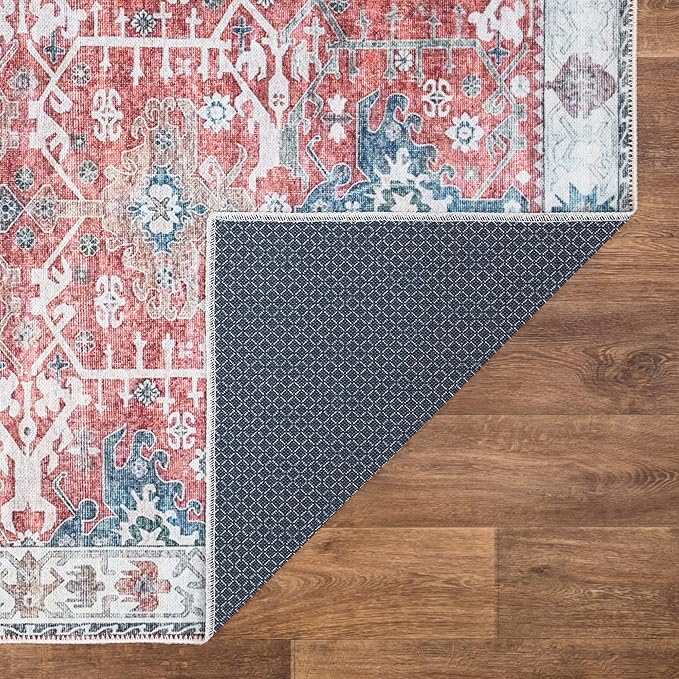 Bloom Rugs Washable Non-Slip 7 ft Runner - Red/Blue Traditional Runner for Entryway, Hallway, Bathroom, and Kitchen - Exact Size: 2.5' x 7'