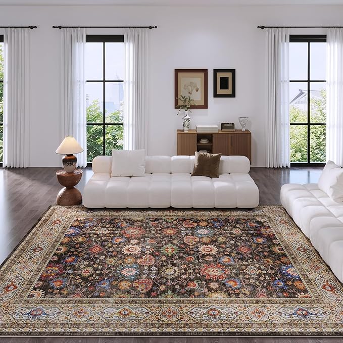 Living Room Rug 5x7 Rug Machine Washable Boho Area Rug Non Slip Vintage Low Pile Large Rugs for Living Room, Bedroom, Farmhouse, Dining Room, Kids Playroom (Dark Espresso)