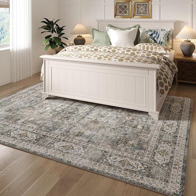 9x12 Rug Washable Boho Rug Soft Large Area Rug Non-Slip Non-Shedding Faux Wool Vintage Rug for Living Room, Farmhouse, Dining Room, Indoor, Kids Playroom (Grey)