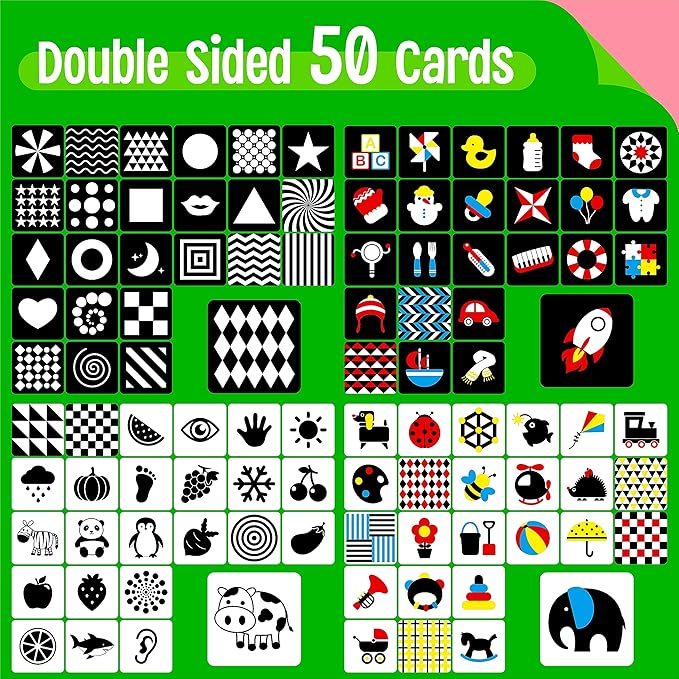 100 Pages Black White Colorful Baby Visual Stimulus Flashcard, 50 PCS High Contrast Baby Flashcards Sensory Toys for Newborn Infant Gift (2 Levels 0-6 Months, 5.5” X 5.5”)