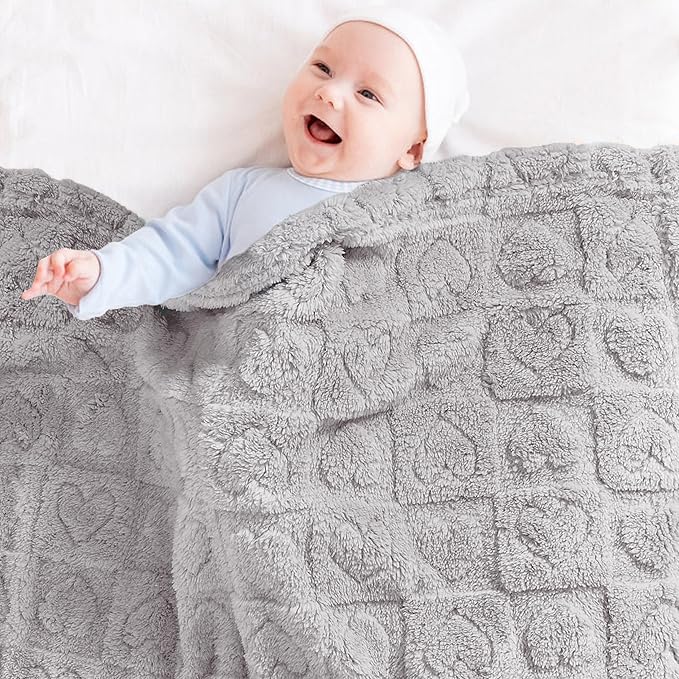 Yurhap Fleece Baby Blanket Heart Checkered, Ultra Soft Cozy Baby Blankets for Boys Girls, Fluffy Infant Toddler Newborn Receiving Gifts for Crib Stroller 30"x40" (Silver Grey)