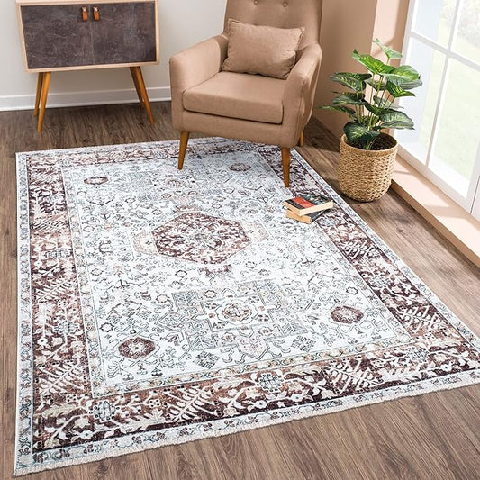 Bloom Rugs Caria Washable Non-Slip 8x10 Rug - Beige/Brown Traditional Area Rug for Living Room, Bedroom, Dining Room, and Kitchen - Exact Size: 7'8" x 10'