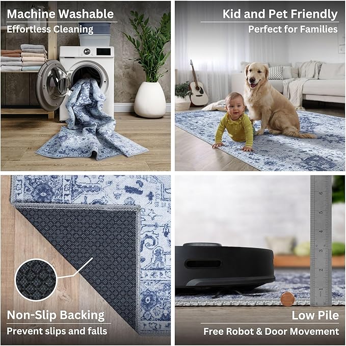 Bloom Rugs Washable Non-Slip 10 ft Runner - Gray/Blue Traditional Medallion Runner for Entryway, Hallway, Bathroom, and Kitchen - Exact Size: 2.5' x 10'