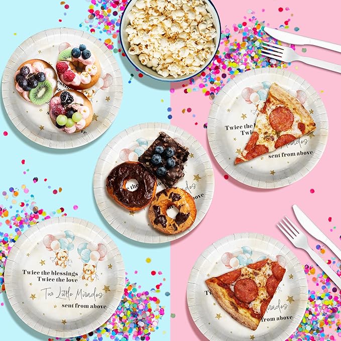 Birthday Galore Twin Teddy Bear Baby Shower - 32 Piece Disposable Party Supplies - Twins Baby Shower Decorations - Round Party Plates - Large 9 Inch Paper Plates In Bulk