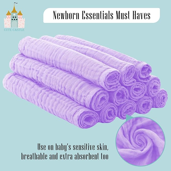 24 Pack Muslin Burp Cloths for Baby - Ultra-Soft 100% Cotton Baby Washcloths - Large 20'' by 10'' Super Absorbent Milk Spit Up Rags - Burpy Cloths for Unisex, Boy, Girl - Purple