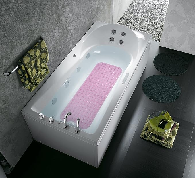 Linoows Bathtub and Shower Mats, Extra Long Non-Slip Bath Tub Mat 39 x 16 Inch, Machine Washable Bathmat with Suction Cups & Drain Holes for Bathroom Floor, Clear Pink