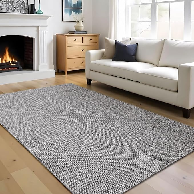 Carvapet 8x10ft Jute Area Rug Modern Boho Gray Carpet with Faux Jute Texture, Low Pile Foldable Non Slip Machine Washable Rug for Living Room Bedroom Decor