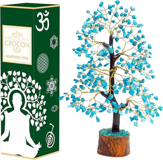 Crocon Turquoise Gemstone Tree Feng Shui Figurine Money Bonsai Good Luck Chakra Balancing Reiki Healing Crystals Decoration Ornament Sculpture Prosperity Table Decor Gift Size 10-12"