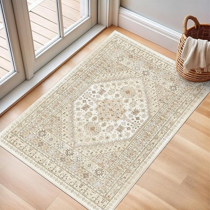 zesthome 2x3 Entryway Rug, Soft Washable Rugs, Non Slip Area Rug, Stain Resistant Low Pile Rugs for Bedroom, Vintage Rug for Door Mat, Kitchen (Cream/Beige,2'x3')