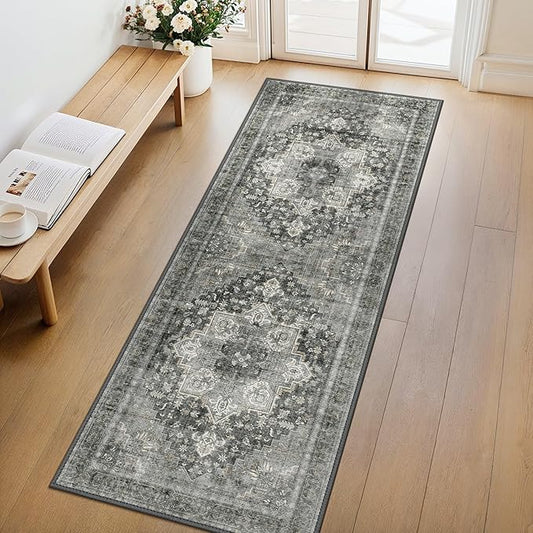 GENIMO 2x7 Runner Rugs for Hallway, Machine Washable Non Slip Vintage Rugs, Low Pile Lightweight Soft Print Rug for enrtyway, Corridor, Home Office, Kitchen, Charcoal Gray