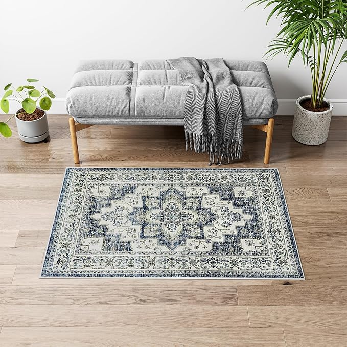 Dripex Vintage Washable Area Rug - 2x4 Indoor Door Mat Oriental Medallion Accent Throw Rug Distressed Foldable Non-Slip Low-Pile Bathroom Kitchen Rug for Entryway Laundry Room Living Room Bedroom
