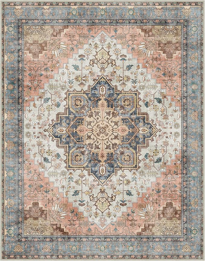 GENIMO 9x12 Area Rugs for Living Room, Non Slip Machine Washable Vintage Rugs, Low Pile Lightweight Chenille Print Large Rug for Bedroom, Dining Room, Home Office, Blue Brick Red