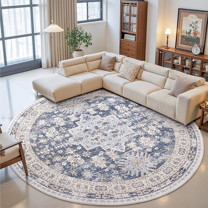 zesthome 9ft Round Rugs for Living Room, Non-Slip Washable Round Area Rugs, Ultra-Thin Large Circle Rugs, Soft Low Pile Rug for Bedroom, Kitchen - Vintage Stain Resistant Round Rug (Blue/Beige,9'x9')