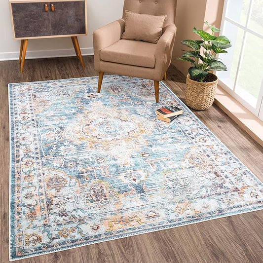 Bloom Rugs Washable Non-Slip 8' x 10' Rug - Teal/Peach Traditional Area Rug for Living Room, Bedroom, Dining Room, and Kitchen - Exact Size: 8' x 10'