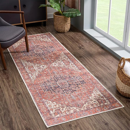 Bloom Rugs Washable 10 ft Runner - Red/Orange/Beige Traditional Runner for Entryway, Hallway, Bathroom, and Kitchen - Exact Size: 2.5' x 10'