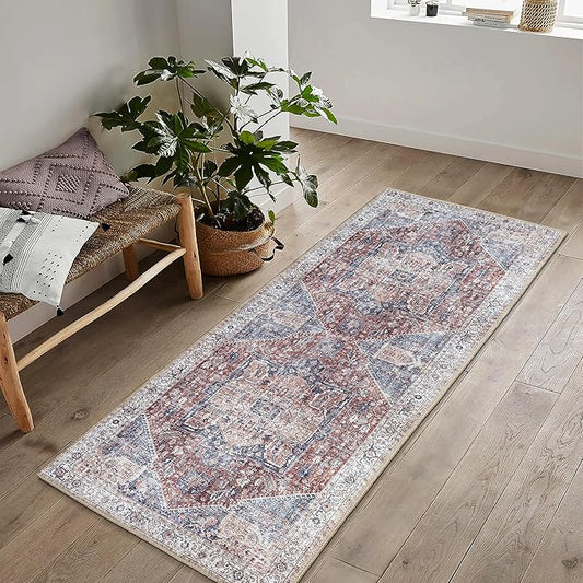 Bloom Rugs Washable Non-Slip 12 ft Runner - Red/Blue Traditional Medallion Runner for Entryway, Hallway, Bathroom, and Kitchen - Exact Size: 2.5' x 12'