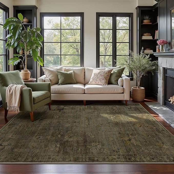 GENIMO 6x9 Area Rugs for Living Room, Machine Washable Non Slip Vintage Rugs, Low Pile Lightweight Chenille Print Rug for Bedroom, Dining Room, Home Office, Moss Taupe