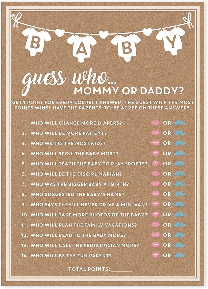 Party Hearty Baby Shower Games for Girl or Boy, 50 pcs Mommy or Daddy Guess Who Game, Fun Activity Cards, Gender Neutral, Ideas