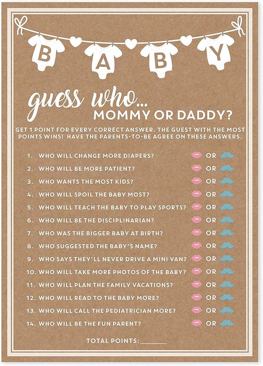 Party Hearty Baby Shower Games for Girl or Boy, 50 pcs Mommy or Daddy Guess Who Game, Fun Activity Cards, Gender Neutral, Ideas