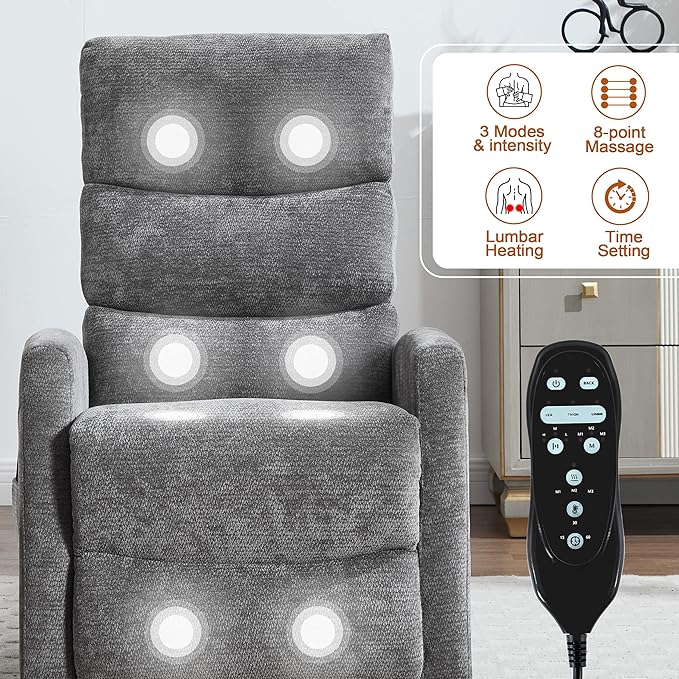 Manual Swivel Rocker Recliner Chair with Massage, Overstuffed Recliner Glider with Vibration Massage and Heat for Nursery, Living Room Reclining Sofa Chair, Fabric Dark Gray
