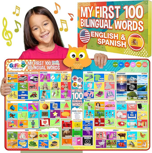 First 100 Words Bilingual Electronic Alphabet Poster – Interactive Learning Chart for Kids | 100 First Words in English & Spanish | Educational Talking Wall Poster