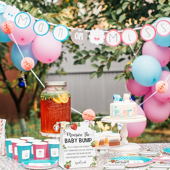 Measure the Baby Bump Baby Shower Game Set, 1 Standing Sign with 50 Guessing Cards, Strawberry Berry Gender Reveal Party Decorations Supplies - B34