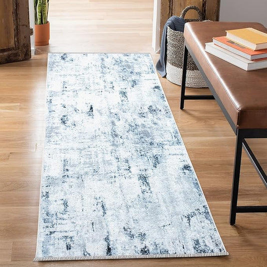 Bloom Rugs Caria Washable Non-Slip 12 ft Runner - Ivory/Silver/Blue Modern Abstract Runner for Entryway, Hallway, Bathroom, and Kitchen - Exact Size: 2'6" x 12'