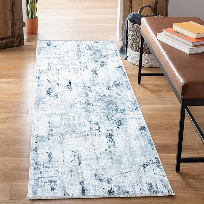 Bloom Rugs Caria Washable Non-Slip 10 ft Runner - Ivory/Silver/Blue Modern Abstract Runner for Entryway, Hallway, Bathroom, and Kitchen - Exact Size: 2'6" x 10'