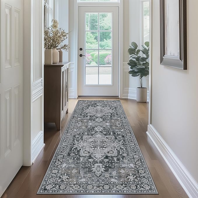 GENIMO 2'6''x14 Runner Rugs for Hallway, Machine Washable Non Slip Vintage Rugs, Low Pile Lightweight Soft Print Rug for enrtyway, Corridor, Home Office, Kitchen,Dark Gray