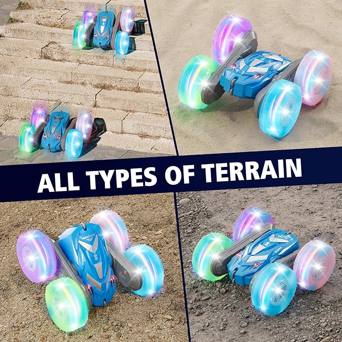 Remote Control Car for Boys 3-12 with Flashing Light, 6 7 8 9 Years Old Boy Toys, RC Cars Stunt 4WD Double Sided 360 Flip, Boy Gift Idea for Kids Birthday Present Christmas Indoor Outdoor Blue
