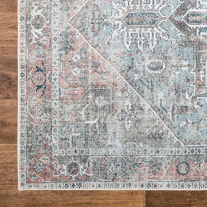 Bloom Rugs Washable Non-Slip 12 ft Runner - Light Pink/Light Blue Traditional Medallion Runner for Entryway, Hallway, Bathroom, and Kitchen - Exact Size: 2.5' x 12'
