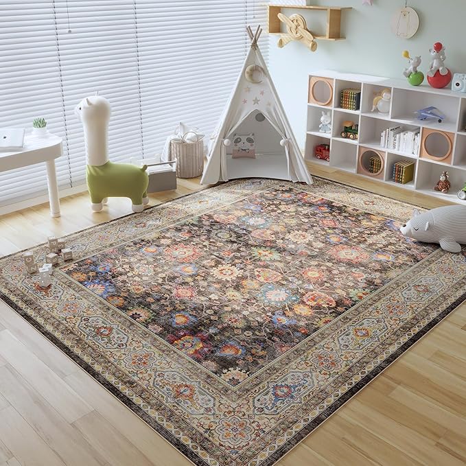 Living Room Rug 5x7 Rug Machine Washable Boho Area Rug Non Slip Vintage Low Pile Large Rugs for Living Room, Bedroom, Farmhouse, Dining Room, Kids Playroom (Dark Espresso)