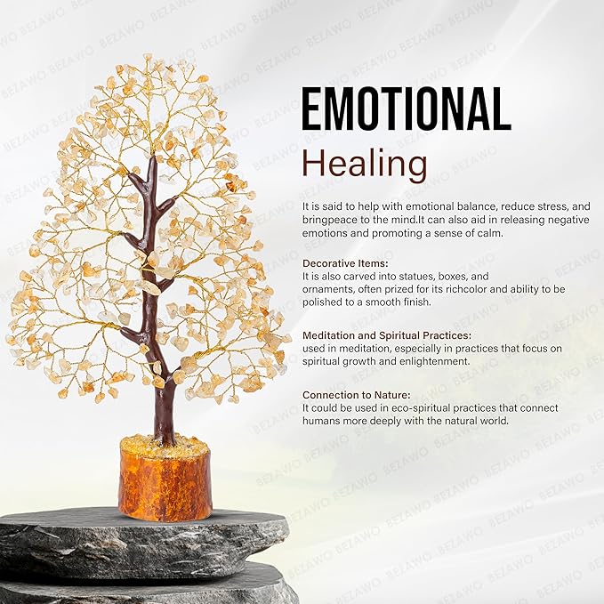 Crocon Citrine Gemstone Tree Feng Shui Figurine Money Bonsai Chakra Balancing Good Luck Prosperity Reiki Healing Crystals Decoration Ornament Sculpture Table Decor Gift Size 10-12"