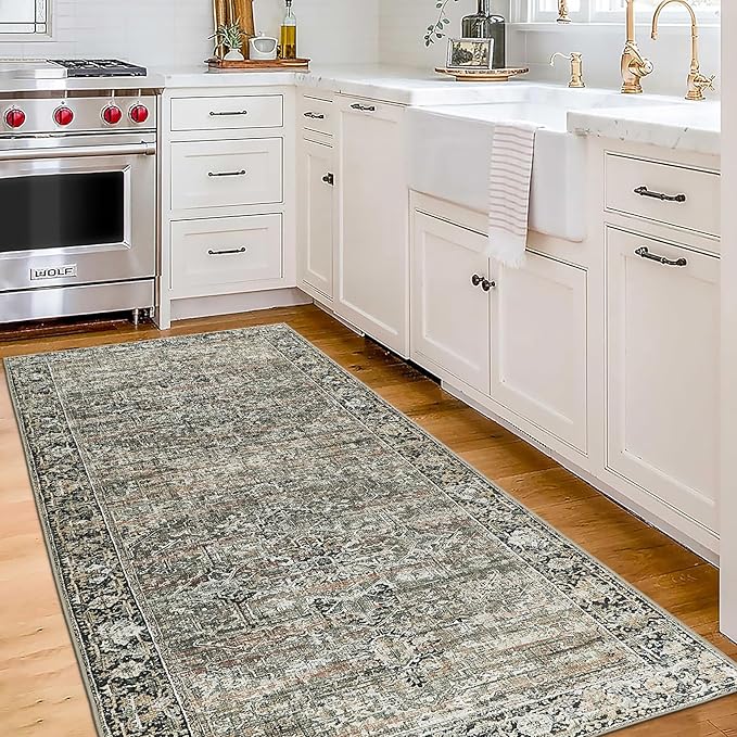 ReaLife Rugs Machine Washable Area Rug Runner - Living Room Bedroom Bathroom Kitchen Entryway Office - Padded Low Pile Stain Resistant Premium - Boho Farmhouse Vintage - Lyle - Brown 2'6" x 8'