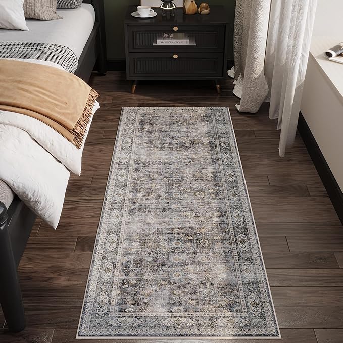 Runner Rug Hallway Runner Rug Washable Kitchen Runner Rugs with Rubber Backing 2'6''x8' 100% Polyester Vintage Rug for Entryway Indoor, Kitchen, Laundry, Bedroom (Grey and Brown)