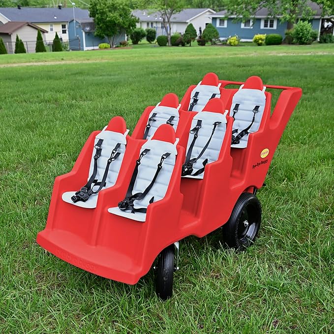 Children’s Factory Bye Bye Buggy 6 Passenger Stroller, Sturdy Daycare Stroller with Fat Tires, Easy-to-Fasten Safety Buckles, Parking Brake, & 360 Pivoting Wheels, Red