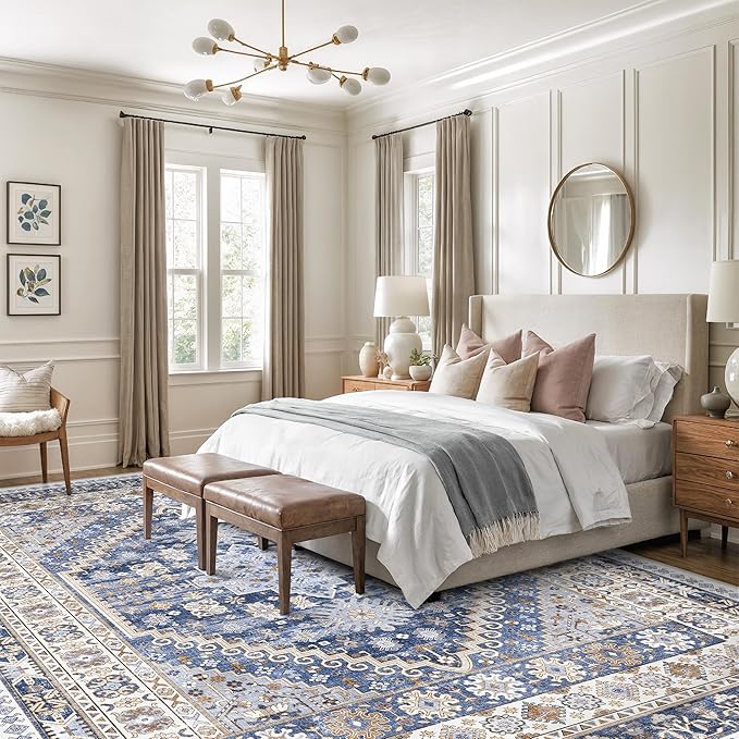 zesthome 12x15 Area Rugs, Large Washable Rug, Ultra-Thin Stain Resistant Rugs for Living Room, Bedroom, Non-Slip Backing Home Decor Area Rug (Blue/Beige,12'x15')