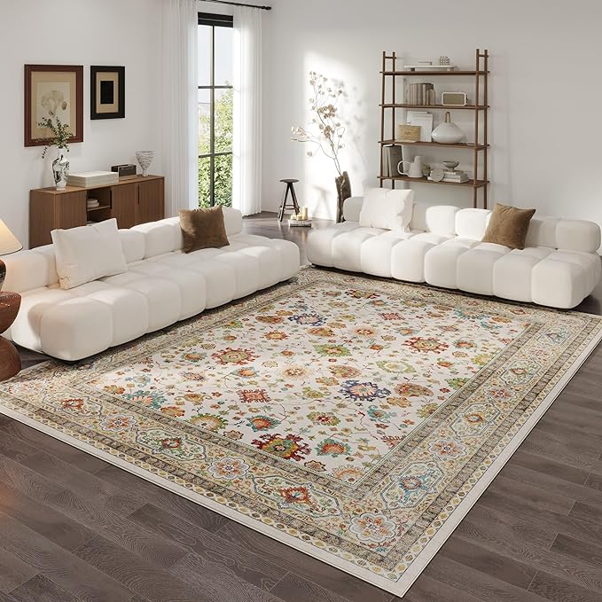 Living Room Rug 5x7 Rug Machine Washable Boho Area Rug Non Slip Vintage Low Pile Large Rugs for Living Room, Bedroom, Farmhouse, Dining Room, Kids Playroom (Colorful)