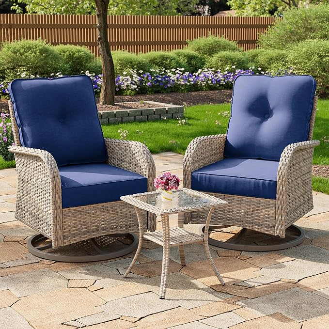3-Piece Small Patio Furniture Set, Outdoor Swivel Rocking Chairs Set with Wicker Chairs and Tempered Glass Side Table, Outdoor Furniture Patio Bistro Set for Balcony, Deck, Porch