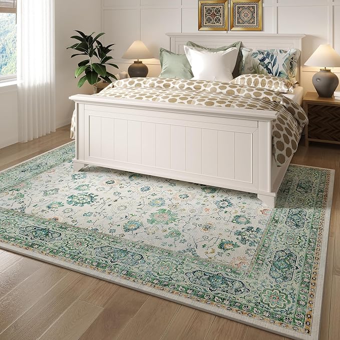 Area Rugs 8x10 Rug for Living Room Clearance Washable Boho Area Rug Non Slip Soft Vintage Low Pile Large Rug for Living Room, Bedroom, Farmhouse, Dining Room, Kids Playroom(Green)
