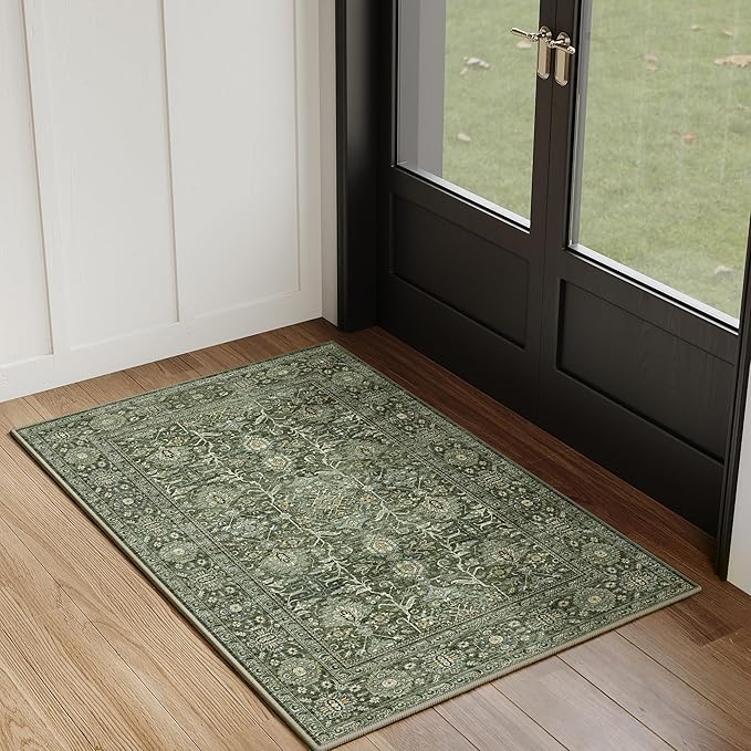 Green Entryway Rug 2x3 Vintage Area Carpet Indoor Kitchen Washable Door Mat Living Room Entrance Small Low Pile Traditional Distressed Retro Accent Throw Rug Non Slip Office Bathroom