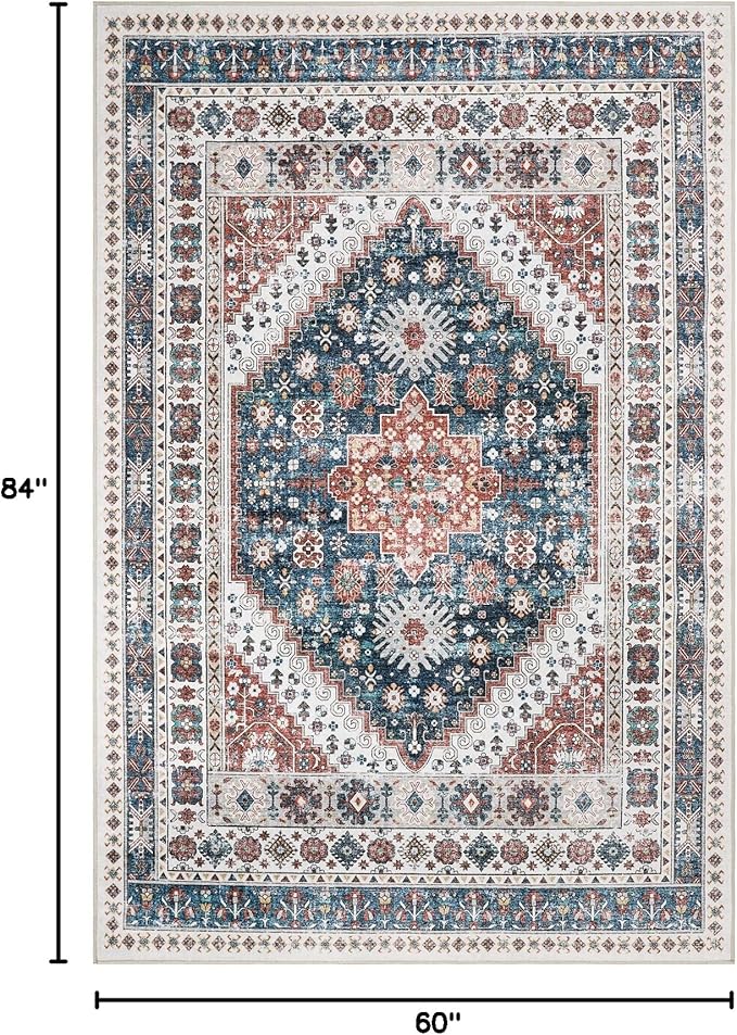 zesthome 5x7 Area Rugs - Ultra-Thin Washble Rug, Stain Resistant Anti Slip Backing Rugs for Living Room,Bedroom, Vintage Home Decor Area Rug (Navy Blue/Red,5'x7')